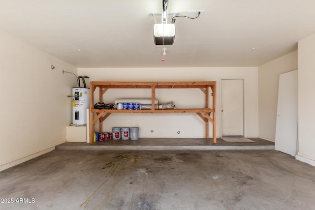 garage with a garage door opener and water heater