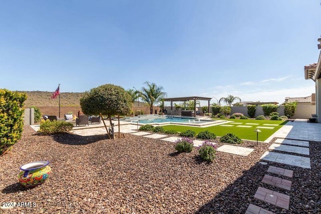 view of yard with a pergola and a patio