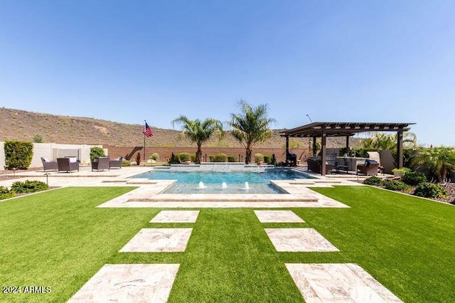 view of pool featuring a pergola, a patio area, pool water feature, and a lawn