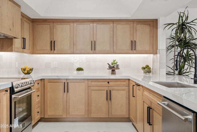 7409 E Pleasant Run, Scottsdale, AZ 85258 - kitchen featuring stainless steel appliances, decorative backsplash, and a sink