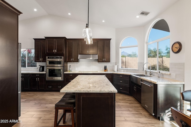 kitchen with dark brown cabinets, stainless steel appliances, sink, and a kitchen island