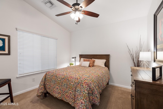 bedroom featuring ceiling fan, light colored carpet, and lofted ceiling