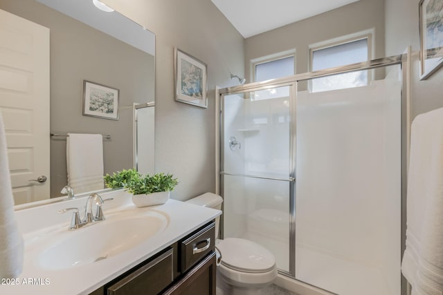 full bathroom with toilet, vanity, and a stall shower