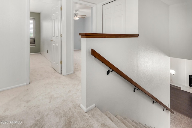 staircase with ceiling fan, carpet, and baseboards