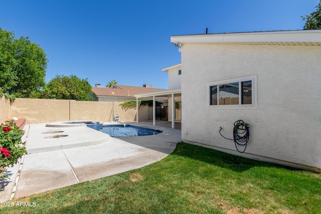 view of swimming pool with a yard, a fenced in pool, a fenced backyard, and a patio area
