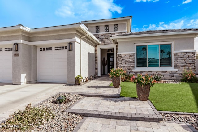 prairie-style house with a front yard and a garage