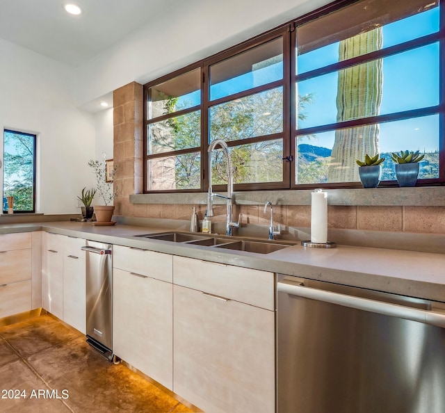 kitchen featuring sink, backsplash, white cabinets, tile patterned floors, and dishwasher