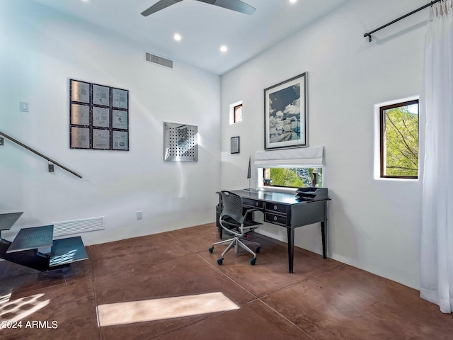 office area featuring a wealth of natural light and ceiling fan