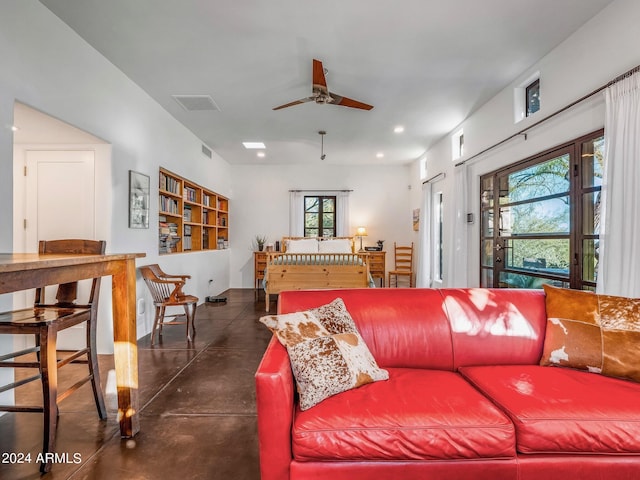 living room featuring ceiling fan