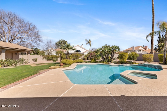 view of swimming pool with a fenced in pool, a yard, a patio area, an in ground hot tub, and a fenced backyard