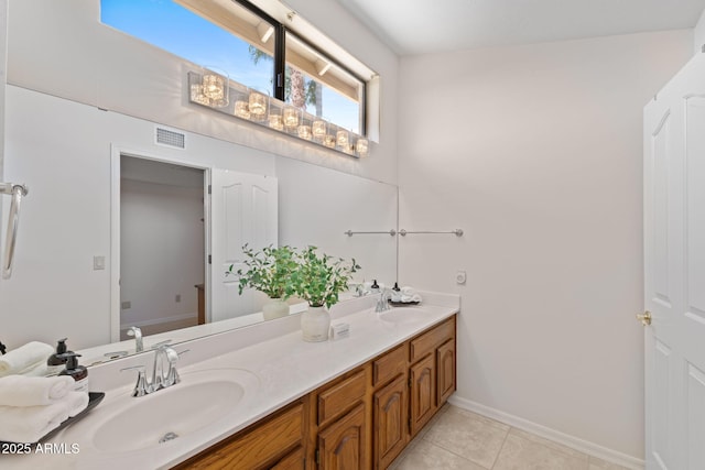 full bath featuring tile patterned floors, visible vents, a sink, and double vanity