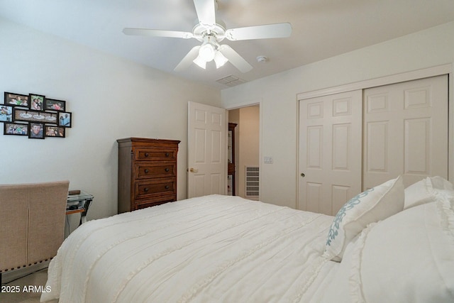 bedroom with ceiling fan and a closet