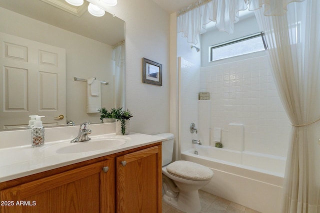 full bathroom featuring tile patterned flooring, vanity, shower / tub combo, and toilet