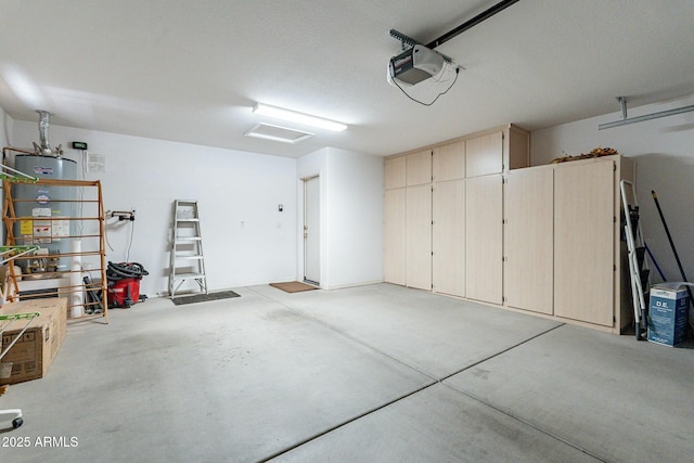 garage with gas water heater and a garage door opener