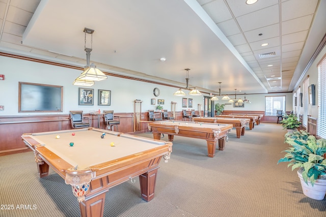 rec room featuring a drop ceiling, light carpet, and billiards