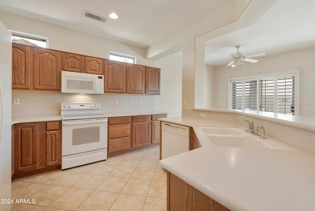 kitchen with ceiling fan, light tile patterned floors, kitchen peninsula, sink, and white appliances