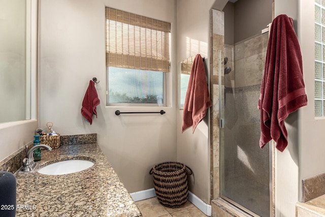 bathroom with vanity, tile patterned floors, plenty of natural light, and a stall shower