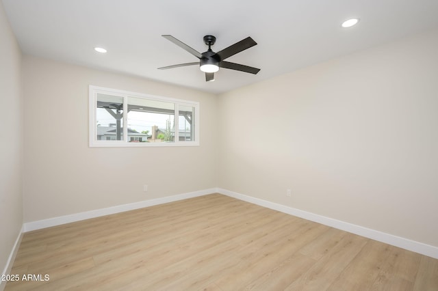 unfurnished room featuring a ceiling fan, baseboards, light wood-style floors, and recessed lighting