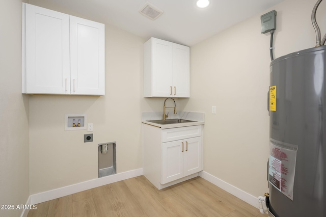 laundry room featuring a sink, hookup for an electric dryer, light wood-style flooring, visible vents, and electric water heater