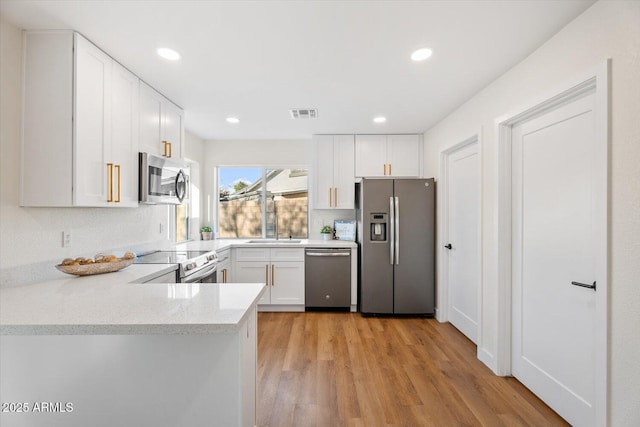 kitchen featuring sink, appliances with stainless steel finishes, white cabinetry, kitchen peninsula, and light wood-type flooring