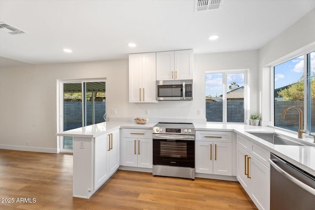 kitchen featuring sink, white cabinets, light hardwood / wood-style floors, kitchen peninsula, and stainless steel appliances