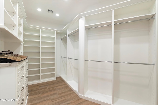 spacious closet featuring visible vents and wood finished floors