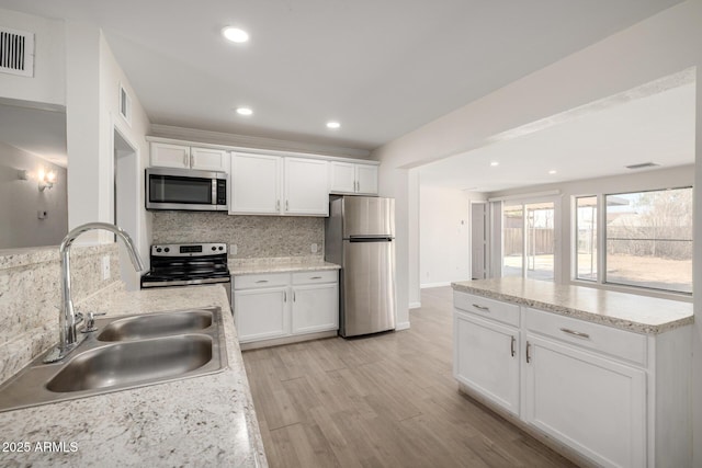 1628 E Sunland Ave, Phoenix, AZ 85040 - kitchen featuring appliances with stainless steel finishes, a sink, tasteful backsplash, light wood-type flooring, and recessed lighting