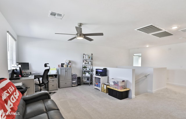 carpeted home office with a ceiling fan, recessed lighting, visible vents, and baseboards