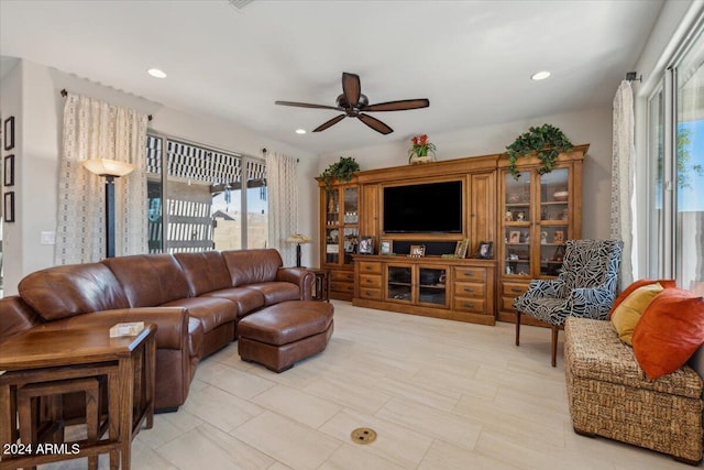 living room with ceiling fan