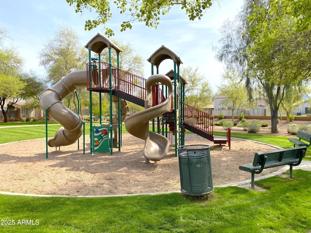 view of jungle gym featuring a yard