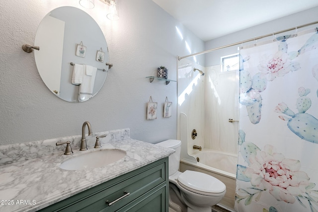 full bathroom with vanity, toilet, and shower / bath combination with curtain