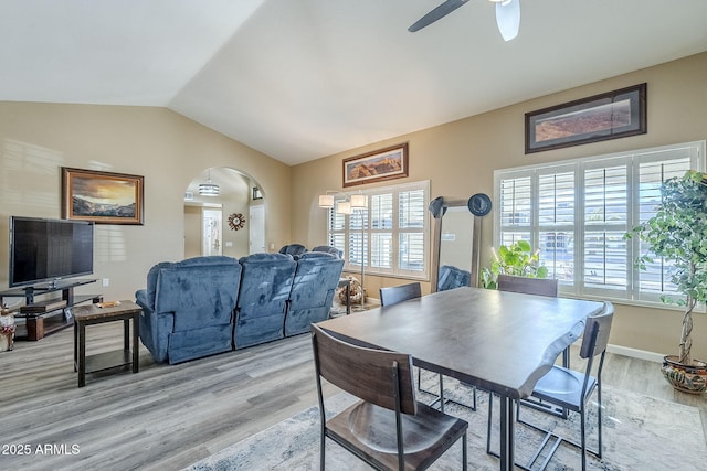 dining room with light hardwood / wood-style floors, lofted ceiling, and ceiling fan