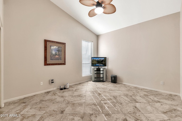 unfurnished living room featuring lofted ceiling, ceiling fan, and baseboards