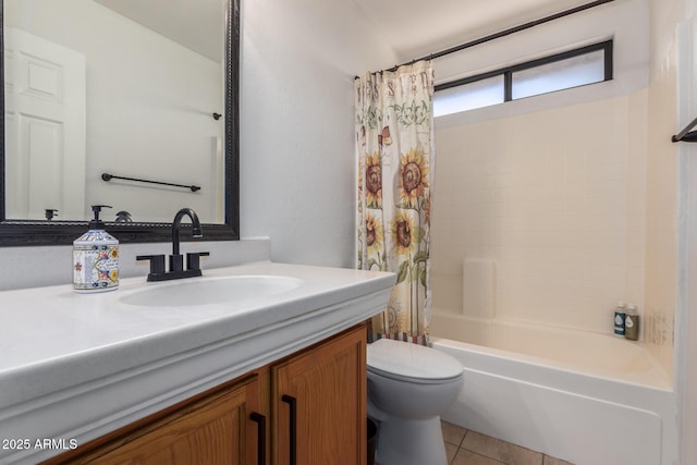 full bath featuring shower / tub combo with curtain, vanity, toilet, and tile patterned floors