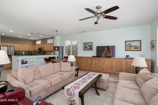 16158 W Copper Point Ln, Surprise, AZ 85374 - living room featuring recessed lighting, ceiling fan, and light tile patterned floors