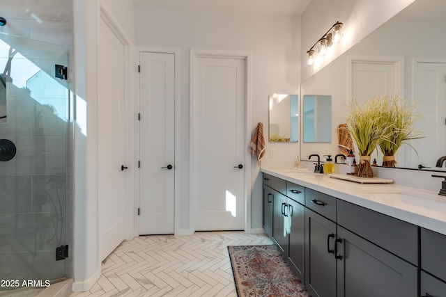 bathroom featuring vanity and a shower with shower door