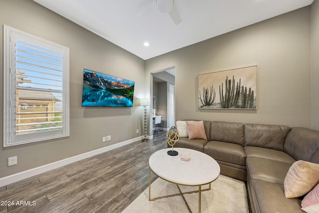 living room featuring ceiling fan and wood-type flooring