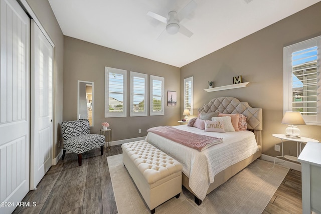 bedroom with ceiling fan, a closet, and hardwood / wood-style floors