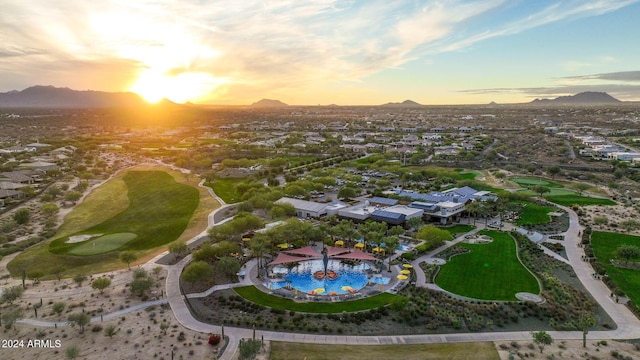 aerial view at dusk with a mountain view