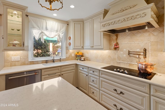 kitchen with decorative backsplash, stainless steel dishwasher, custom range hood, black electric cooktop, and sink