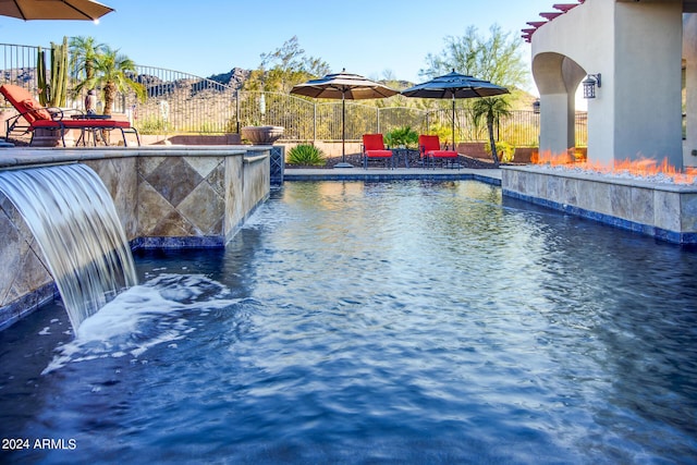 view of swimming pool with fence and a fenced in pool