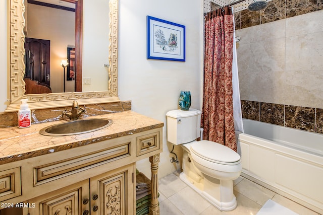 full bathroom featuring tile patterned floors, vanity, toilet, and shower / bathtub combination with curtain