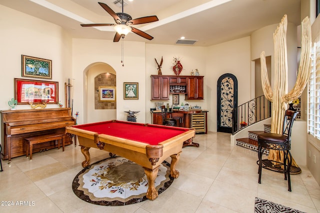 playroom with indoor wet bar, arched walkways, pool table, and visible vents