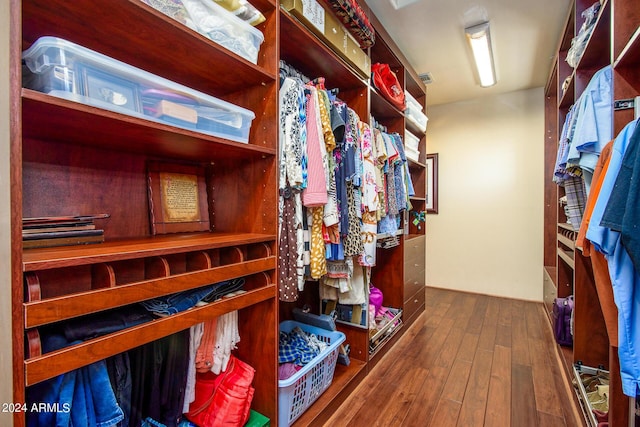 spacious closet with dark wood finished floors