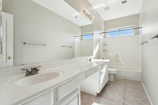 full bathroom with  shower combination, toilet, tile patterned flooring, and vanity