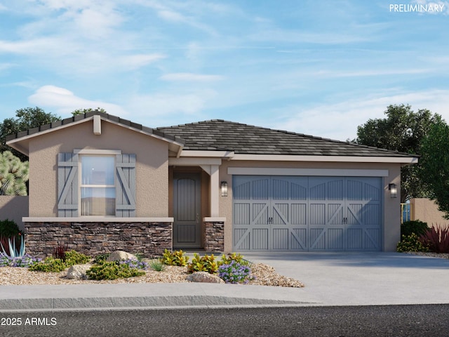 16005 W Bronco Trl, Surprise, AZ 85387 - view of front of house featuring stucco siding, stone siding, an attached garage, and driveway