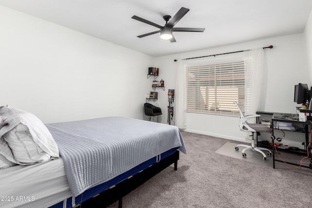 bedroom featuring carpet, baseboards, and ceiling fan