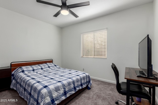 carpeted bedroom featuring ceiling fan and baseboards