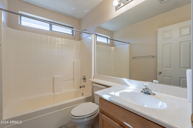 full bathroom featuring plenty of natural light, toilet, vanity, and bathtub / shower combination