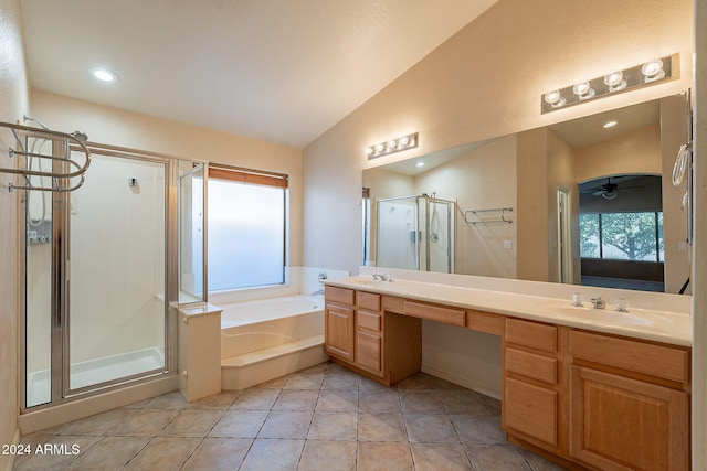 bathroom with ceiling fan, tile patterned flooring, independent shower and bath, and lofted ceiling